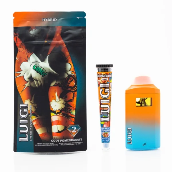 Luigi-Live-Resin-Liquid-Diamond-Pluma-de-Wax-2G-Pre-roll-0.5G-Gods-Pomegranate Luigi | Pluma de Wax 2G + Pre-roll 0.5G